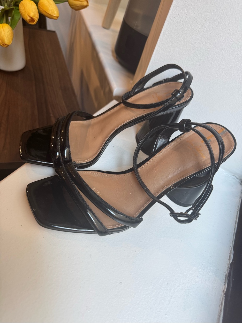 Sam Edelman Black Patent Square-Toe Strappy Block Heels - Picture 6 of 7